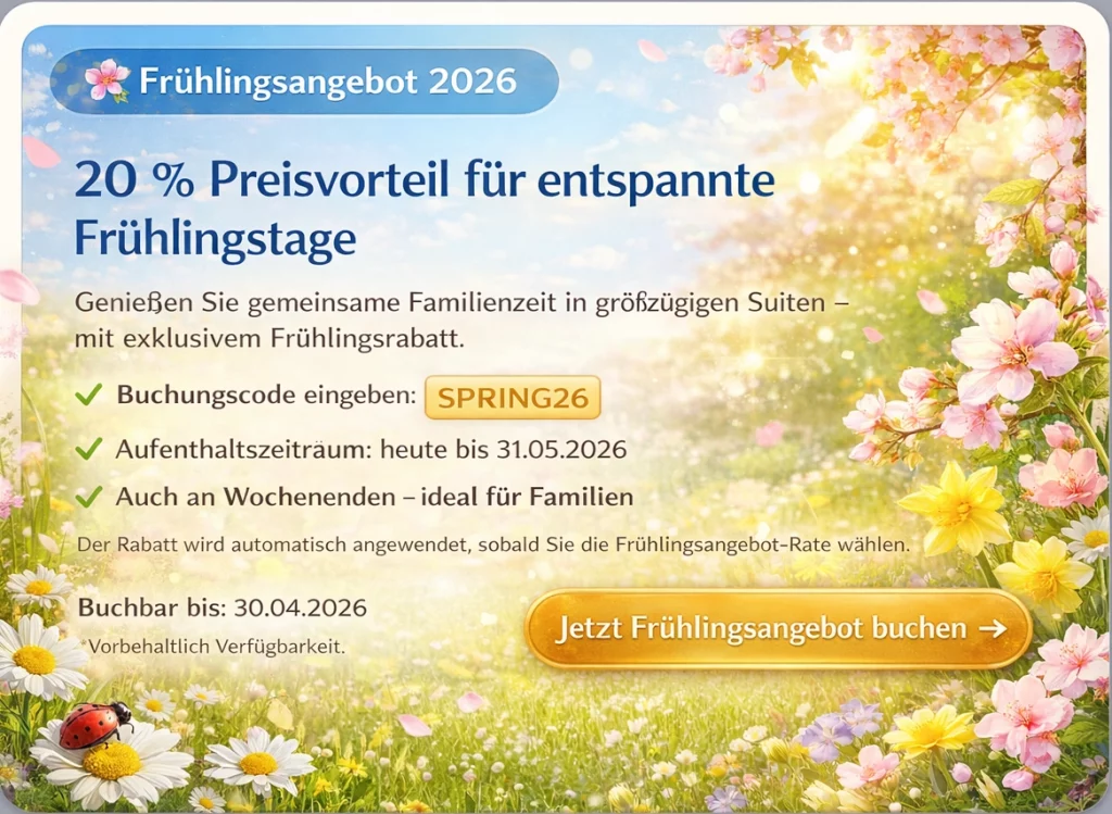 Frühlingsangebot-Werbung mit Blumen und Schmetterlingen. Überschrift: 20 % Preisvorteil für entspannte Frühlingstage, Buchungscode SPRING26, Reisezeitraum bis 31.05.2026, Button: Jetzt Frühlingsangebot buchen.