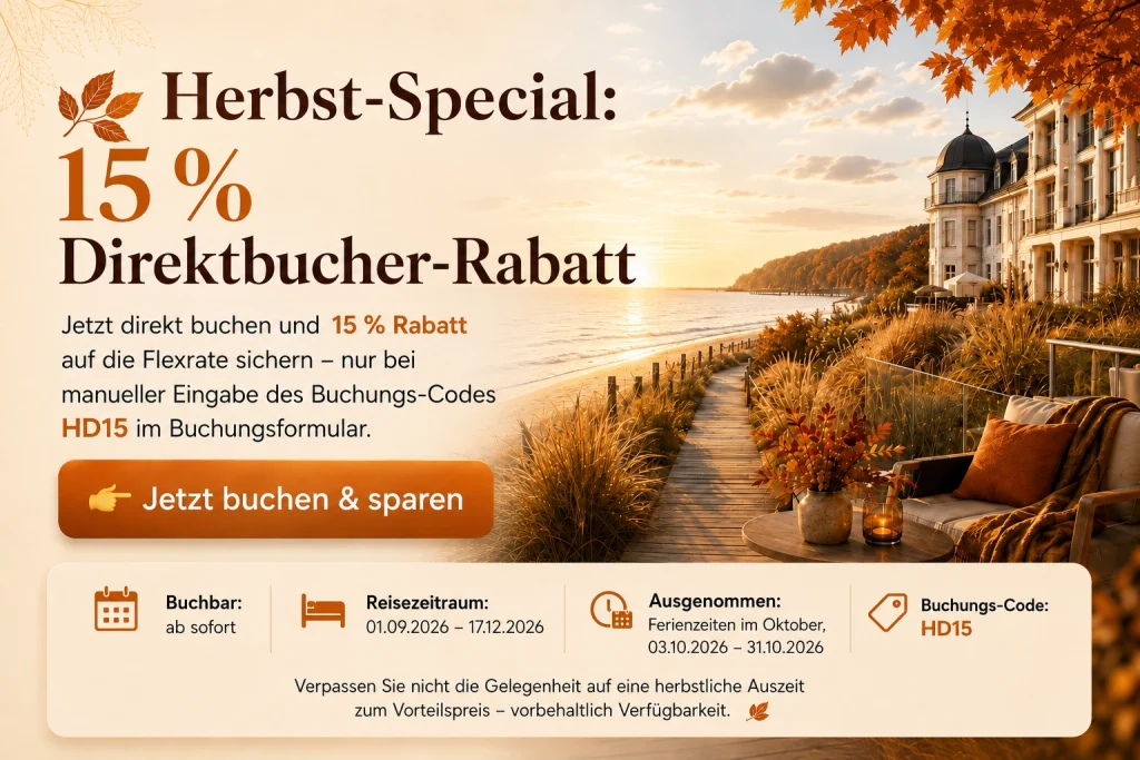 Herbst-Sonderangebot mit 15 % Rabatt für Direktbuchungen. Bild: herbstliche Terrasse mit Seeblick, goldfarbenen Bäumen, Hotelgebäude und gedecktem Tisch. Informationen zu Reisezeitraum, Aktionszeitraum und Buchungscode.